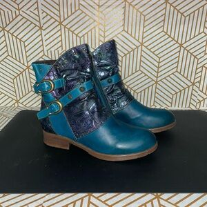 Super Lady Star Blue Retro Painted Buckle Flat Ankle Boots Size 40 US 9.5